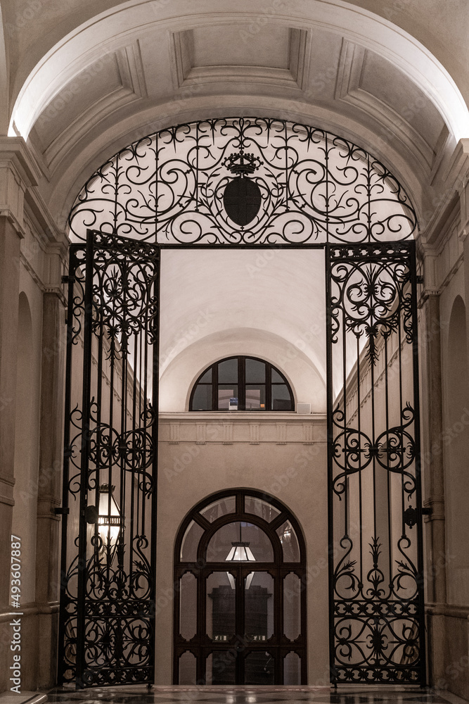Gate, entrance to the Egyptian museum in Turin. Grand entrance with architectural details.