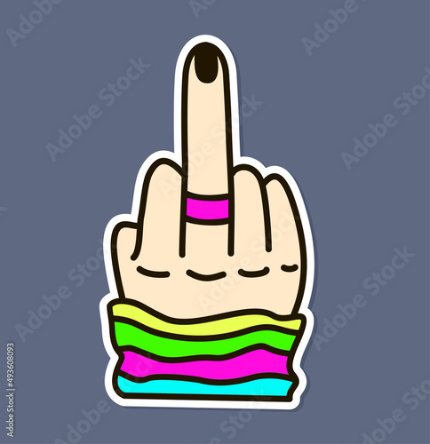 Neon cartoon psychedelic hippy sticker with Middle finger up. Groovy vector set of psychedelic and hallucination elements