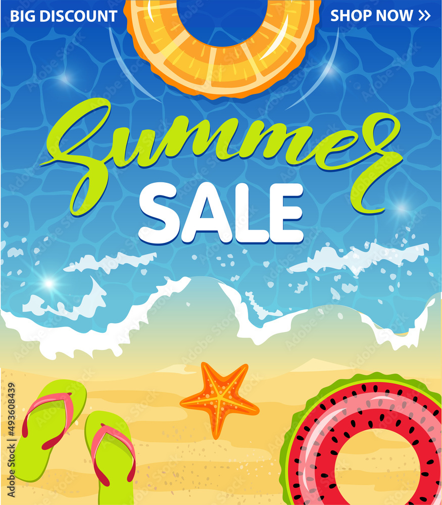 Summer sale banner template. Summer sale, hot season discount poster with swim ring, flip flops, starfish. Promo badge for your seasonal design. Vector illustration