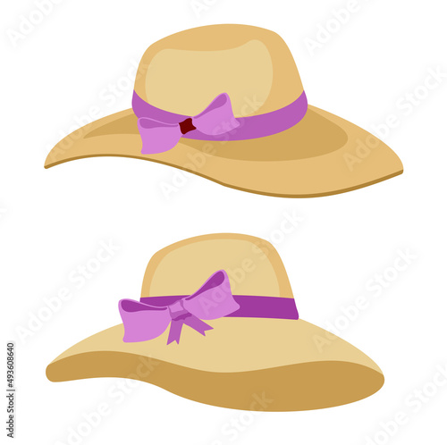 Women s summer hat. Women s beach hat icon isolated on white. Vector of a straw hat with a ribbon on a white background. Vector illustration.