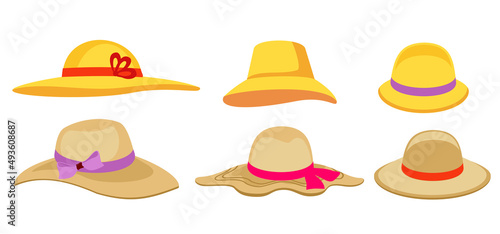 Summer women s hat set. Set of beach women s straw wide-brimmed hats of different colors with ribbons, cartoon vector illustration. Depicting various designs of womens hats.