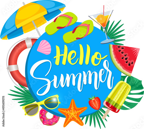 Hello Summer. View of lifebuoy, ice cream, starfish, cocktail, ball, and round paper on white background. Hello, summer background circle. Vector illustration. For web, poster, logo