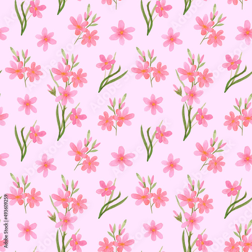 Watercolor floral background. Watercolor seamless pattern with pink wildflowers. A branch of flowers on pink background.