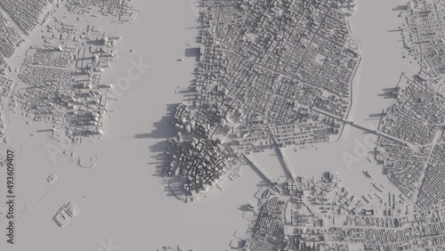 Flight over a white 3D model of New York. The camera stops near the Statue of Liberty.