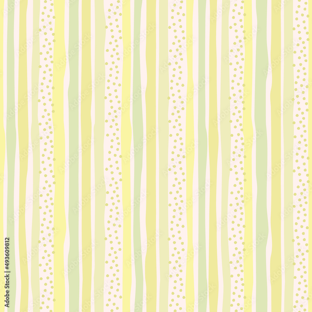 Seamless feminine pattern with hand drawn multicolored wavy stripes with ragged edges and tiny spots for surface design and other design projects