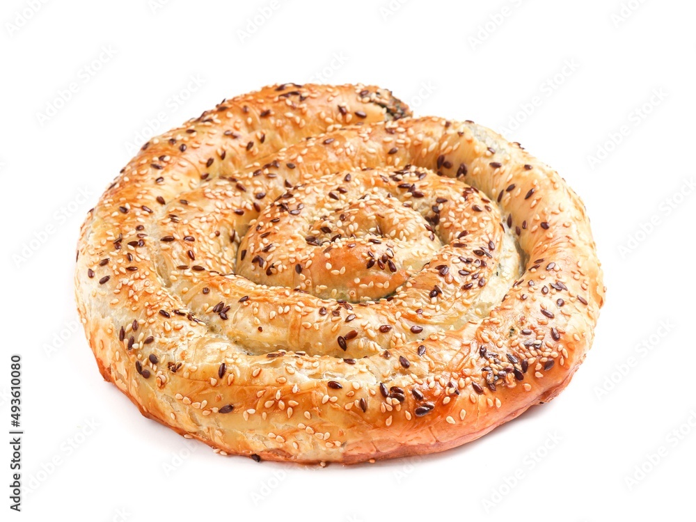 catalog bakery borek (burek)  vertuta  Spiral-shaped Greek Cheese pie  filling cottage cheese  on white background isolate