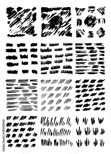 A set of 12 squares of straight lines, strokes and wavy lines in the style of doodles.