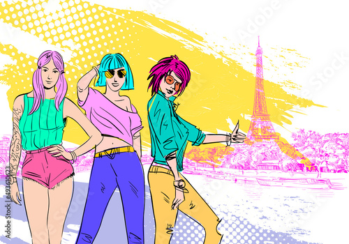 Different fashion people set. Modern clothes.View of the Eiffel Tower and Sena River. Paris, France. Urban sketch. Hand drawn vector illustration