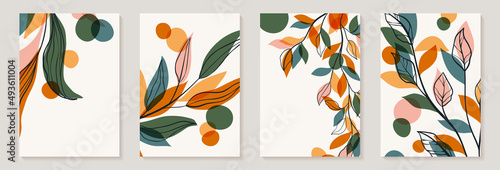 Creative minimalist Abstract art background with leaves branch and Hand Drawn doodle Scribble floral plants. Abstract leaf. Design wall decoration, postcard, poster or brochure