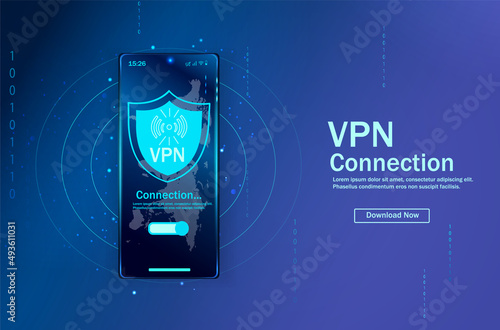 VPN. Data encryption, IP substitute, secure connection concept. Cyber security and privacy, personal info protection 3d vector illustration, web banner. Secure VPN connection concept.  Vector.