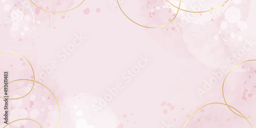 Abstract dusty pink liquid watercolor banner background with golden lines, dots and watercolor circle stain brush stroke. for wall decoration, beauty and make up industry design, poster, brochure