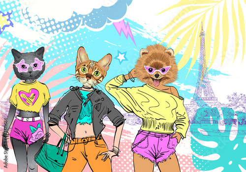 Different fashion models with animal heads set. Modern clothes. Template sketch vector illustration. View of the Eiffel Tower and Sena River. Paris, France. Urban sketch. 