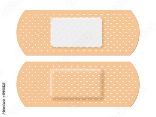 Adhesive bandage set of rectangle shape, 3d realistic band aid, back and front view