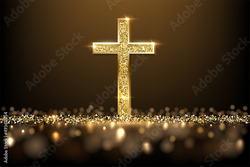 Gold prayer cross realistic vector illustration. Luxurious jewelry, elegant accessory under golden glitter rain. Precious metal jewel on black background. Christian faith, catholic religion symbol.
