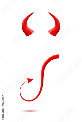 Red devil horn and tail, 3d realistic cute elements for face mask and head or costume