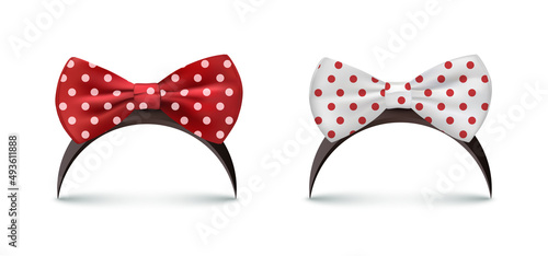 Hair band fashion accessory for baby girl vector illustrations. 3d realistic black headbands with ribbon bow in red and white polka dots, cute feminine hairclip, tiara with shadow and circle shape.