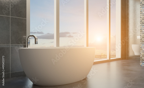 Scandinavian bathroom, classic vintage interior design. 3D rendering.. Sunset.