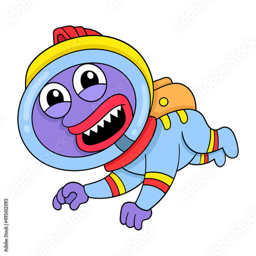 cute monster dressed as a smiling astronaut, doodle icon image kawaii