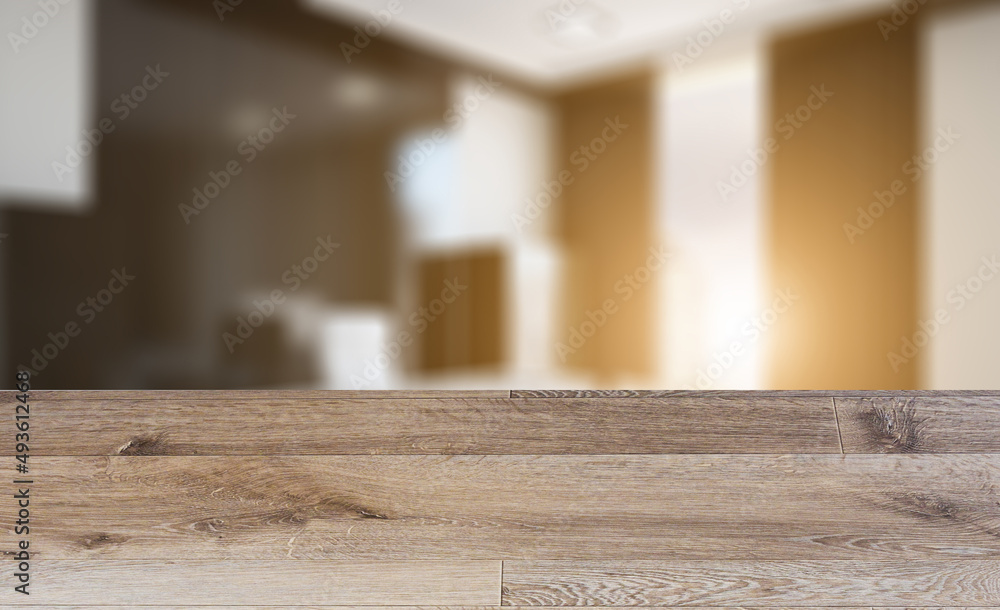 Background with empty wooden table. Flooring. Modern office Cabinet.  3D rendering.   Meeting room