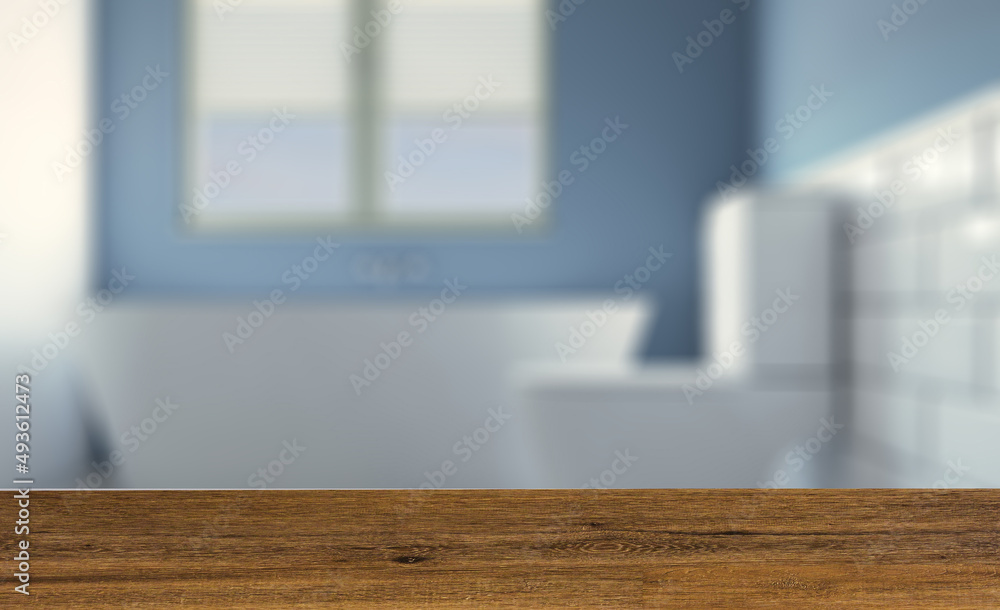 Background with empty table. Flooring. Clean and fresh bathroom with natural light. 3D rendering. Background with empty table. Flooring. Clean and fresh bathroom with natural light. 3D rendering.