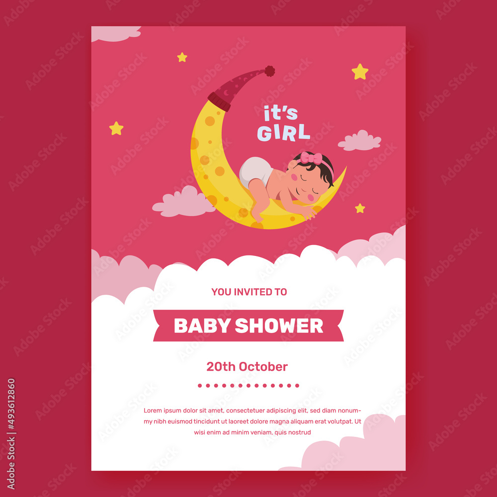 Baby shower poster invitation. baby girl with baby sleep on moon with pink color feminine. dream sleep lullaby