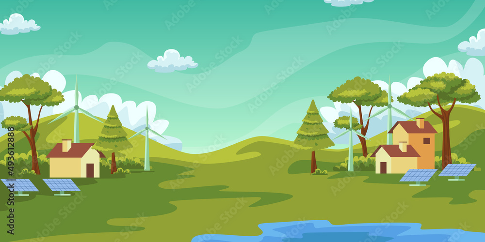 Green landscape scenery with tree, house, windmill, solar panel, illustration concept for earth day