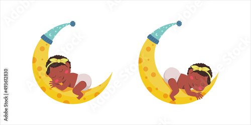 black girl baby with diaper pose sleeping on the moon crescent for dream lullaby concept illustration for baby shower