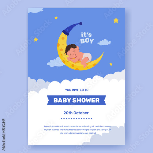 Baby shower poster invitation. baby boy with baby sleep on moon with night blue color. dream sleep lullaby