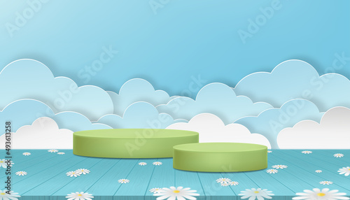 Studio room 3D green cylinder podium with flower on wood floor and Paper cut cloud layer on blue sky background. Vector cartoon interior Backdrop banner Natural scene for Easter,Spring, Summer sale