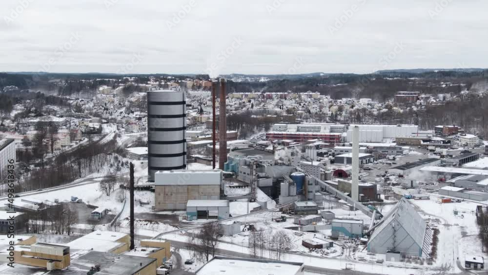 Birds eye view of Energy and Environmental Centre or EMC in winter season with snowy landscape. Boras, Vastra Gotaland in Sweden. Birds eye view of Energy and Environmental Centre or EMC in winter season with snowy landscape. Boras, Vastra Gotaland in Sweden.