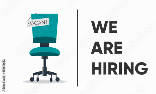 We are hiring, banner concept, vacant position. Business hiring and recruiting concept. Empty office chair with vacant sign isolated on white