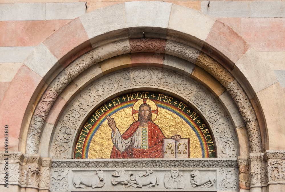 Obraz premium Mosaic of Jesus Christ above the entrance to the Basilica of San Babila in Milan Italy