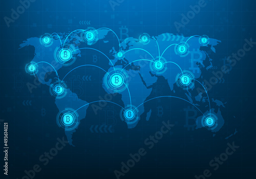 bitcoin currency digital on world map blue dark background. Technology connecting finance in the future. global money business online. vector illustration fantastic digial design.