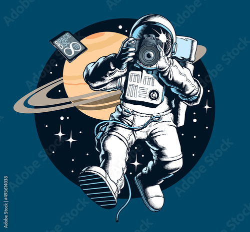 Astronaut taking a photo or video in outer space. Photographer or cameraman. Digital camera and memory card. Saturn planet and stars on background. Space tourist. Vector illustration.