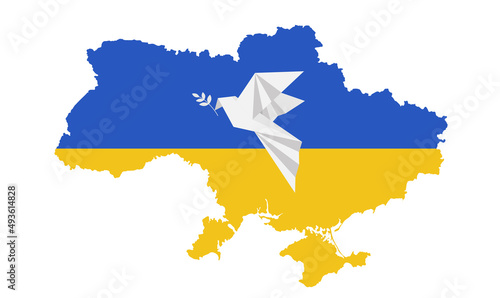 Flying Dove of Peace in polygonal style on background with Ukrainian Map