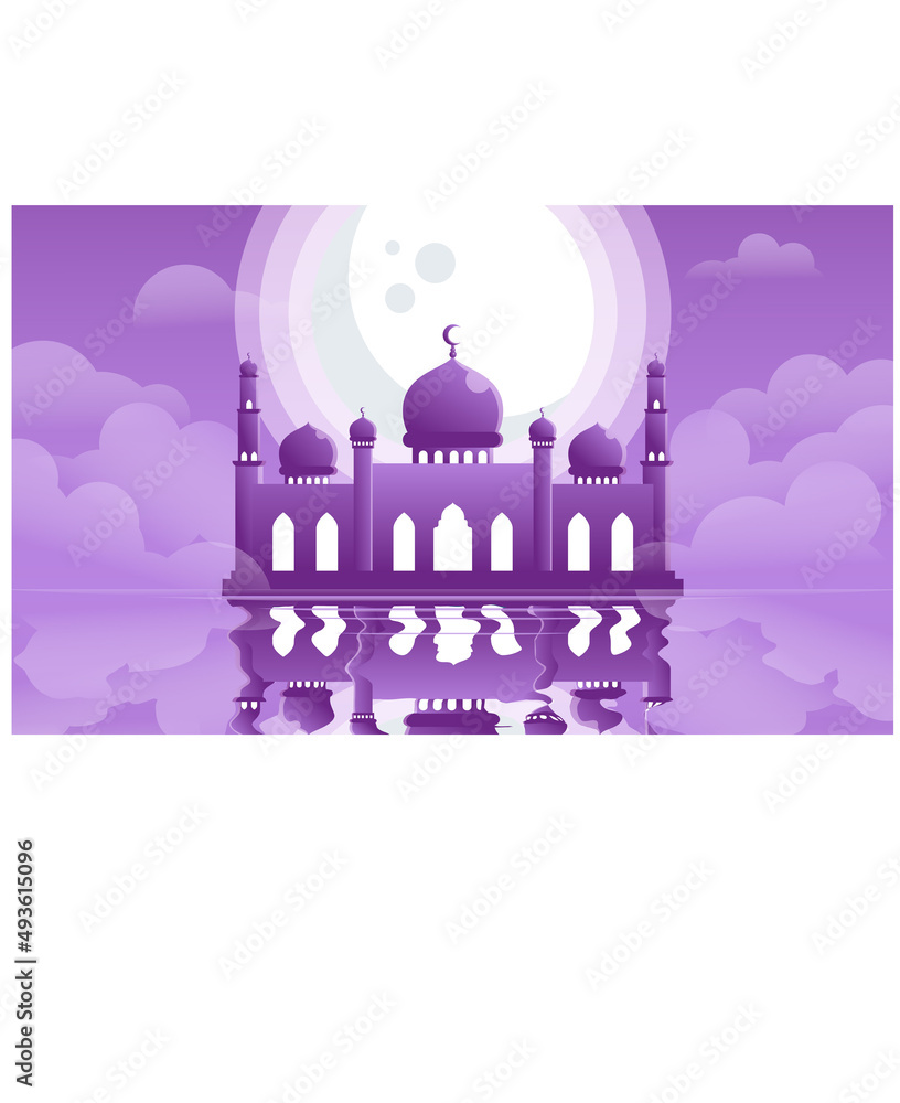 Illustration with mosque and the reflection in ramadan concept