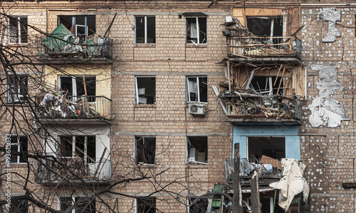 Damaged residential buildings in the aftermath of  shelling in Kyiv