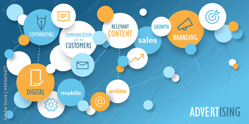 ADVERTISING vector concept banner on blue background ADVERTISING vector concept banner on blue background