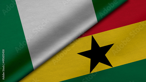 3D Rendering of two flags from Federal Republic of Nigeria and Republic of Ghana together with fabric texture, bilateral relations, peace and conflict between countries, great for background