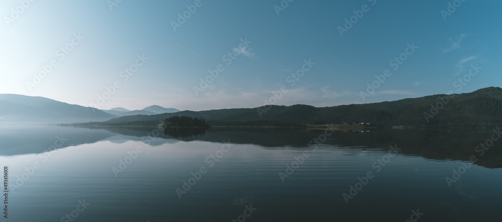 Panoramic view of a lake with a perfect reflection