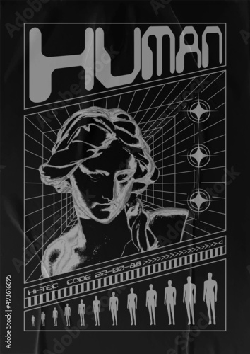 Modern poster with a statue of a girl and with text "Human". In Techno style, stylish print for streetwear, print for t-shirts and hoodies, isolated on black background