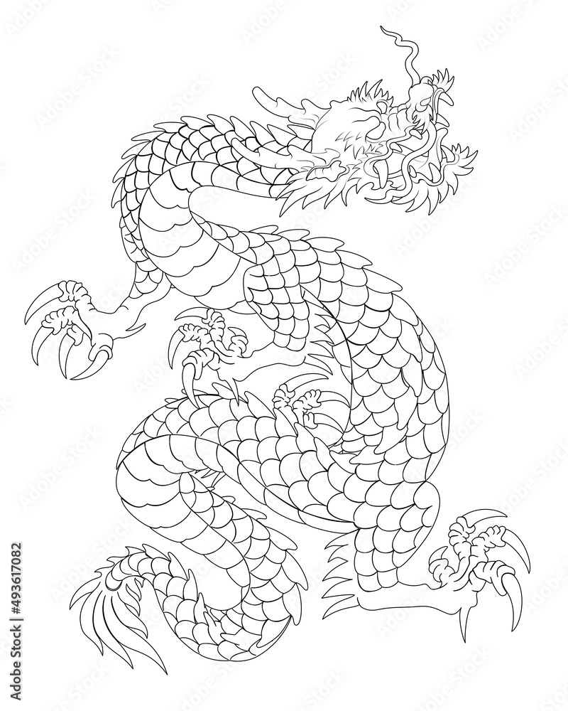 Oriental painting dragon illustration tattoo transfer line back square white background Oriental painting dragon illustration tattoo transfer line back square white background