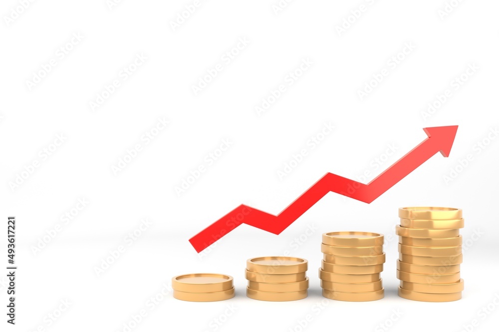 Stack of gold coin and red arrow isolated on white background. 3D rendering. Stack of gold coin and red arrow isolated on white background. 3D rendering.