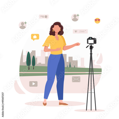 Video blogger or news presenter recording video with camera. Live broadcast vector illustration. Different social media icons. Female bloggers characters in social networks. Podcast, video recording.
