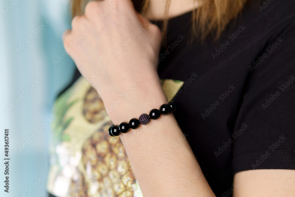 Stone bead bracelets handmade from lucky stones. Selective focus