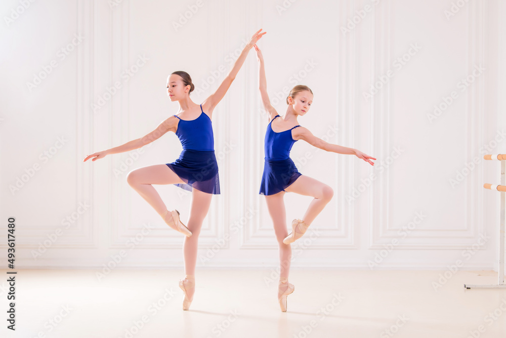 A group of two student ballerinas is engaged in pointe shoes at the barre in a beautiful white room against the backdrop of a mirror. A group of two student ballerinas is engaged in pointe shoes at the barre in a beautiful white room against the backdrop of a mirror.