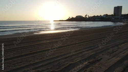 The day begins on the beach. Aerial Views from Playa del Arenal, Javea, Marina Alta in Alicante, Spain