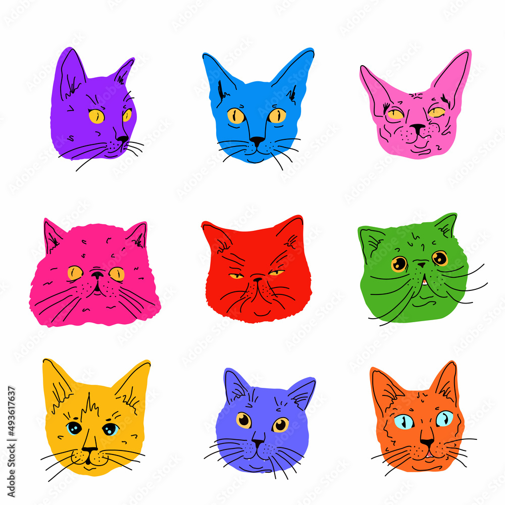 Heads of different domestic cats drawing.Cartoon style. Vector illustration on white background.