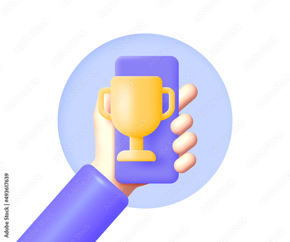 Winner smartphone in 3d style. Using telephone. Modern mockup for mobile app design. 3d modern smartphone mockup. Vector illustration Winner smartphone in 3d style. Using telephone. Modern mockup for mobile app design. 3d modern smartphone mockup. Vector illustration