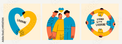 Group of people are standing in circle, hugging together. Hands covering Ukraine. Stand with Ukraine. Save Ukraine from russia. Stop war. Set of three hand drawn modern Vector illustrations